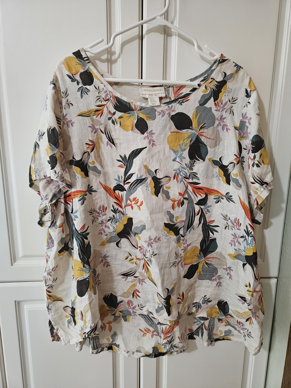 Cynthia Rowley 100% Linen Tropical Floral Short Sleeve Top Resortwear Lagenlook